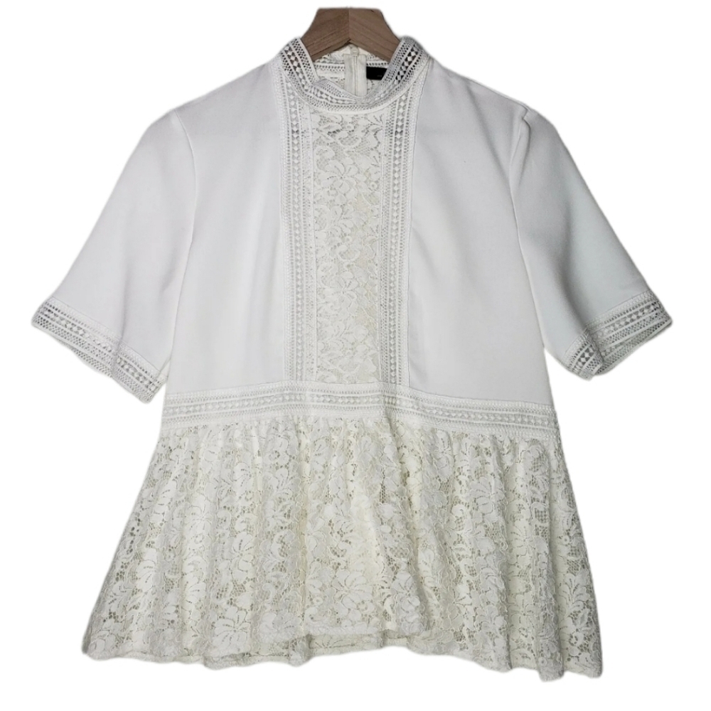 Zara Lace Chiffon Crochet Peplum Blouse Short Sleeve Sz S White Romantic